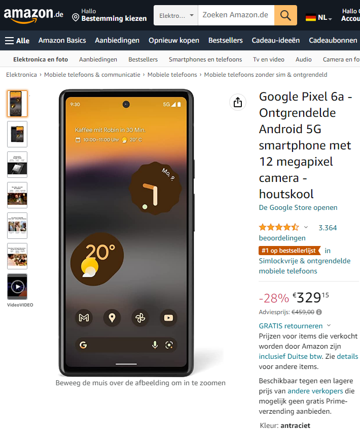 Google Pixel 6a aanbieding Amazon.de