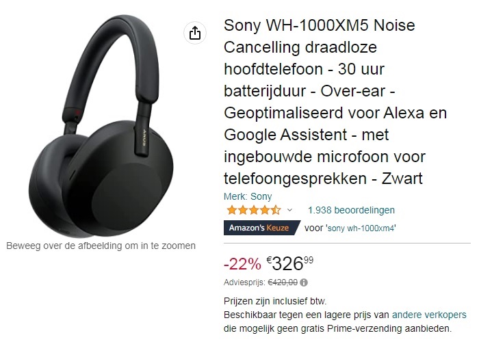 Sony WH-1000XM5 Amazon aanbieding