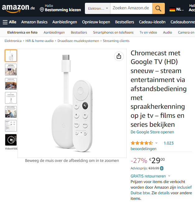 Chromecast met Google TV HD aanbieding Amazon.de