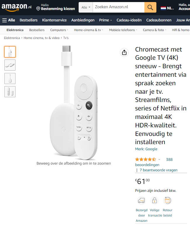 Chromecast 4K aanbieding Amazon.nl