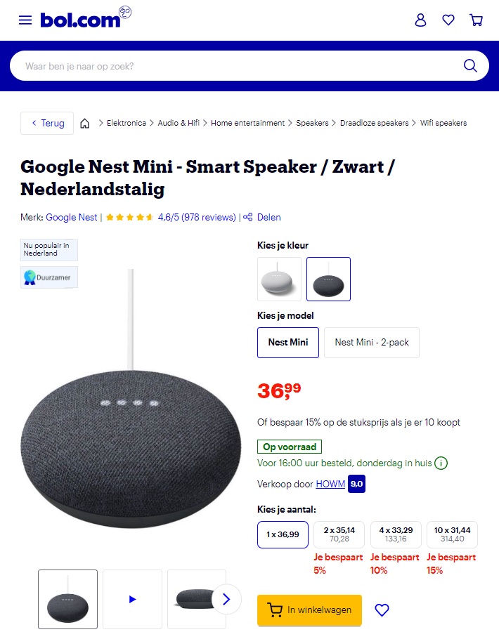 Google Nest Mini aanbieding Bol