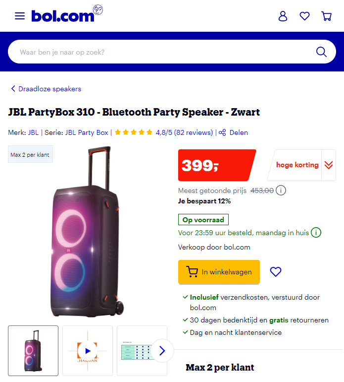JBL PartyBox 310 aanbieding bol.com