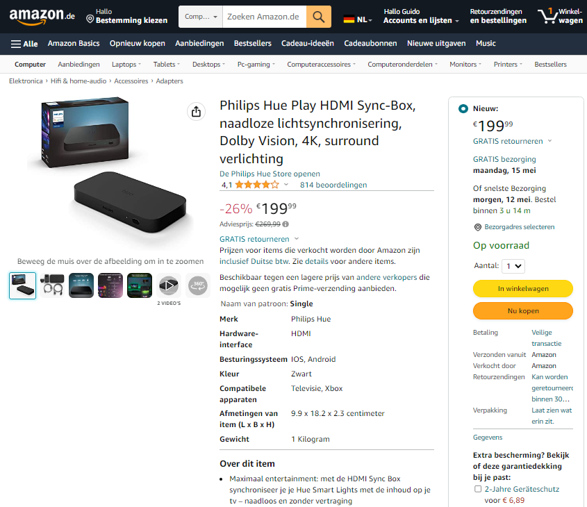Philips Hue Play HDMI sync box aanbieding amazon de