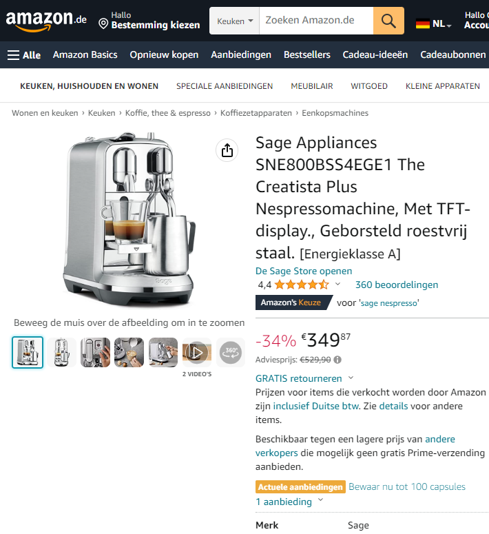 Sage Nespresso Cratista Plus aanbieding Amazon.de