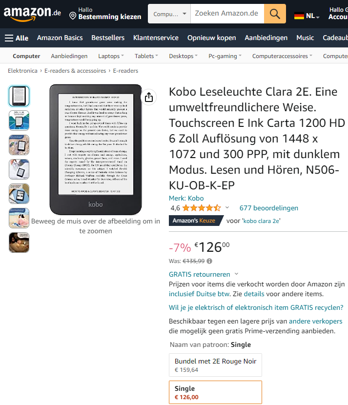 Kobo Clara 2E aanbieding Amazon.de
