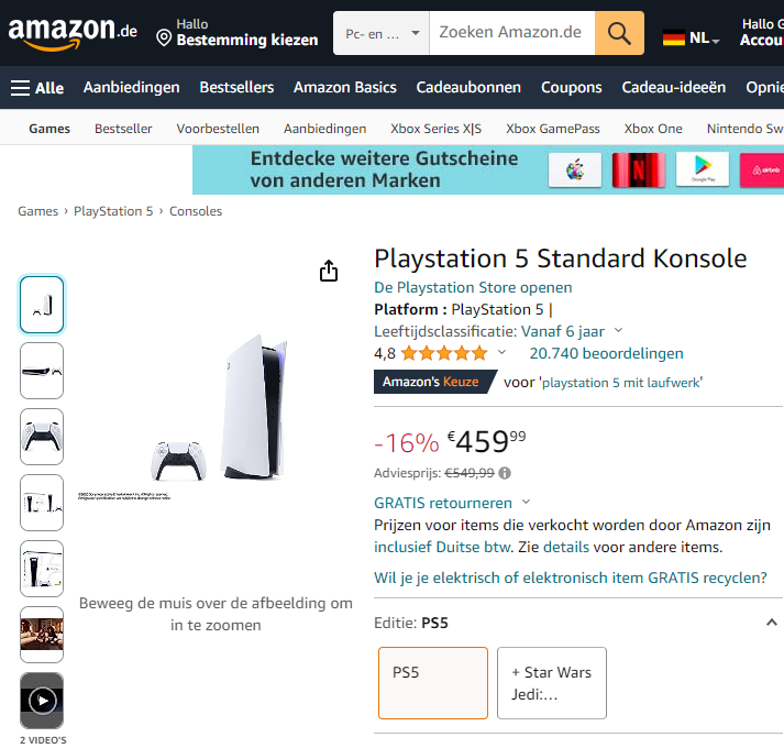 PlayStation 5 aanbieding Amazon.de