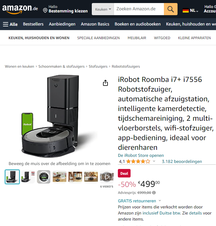 Amazon de Roomba i7 plus aanbieding