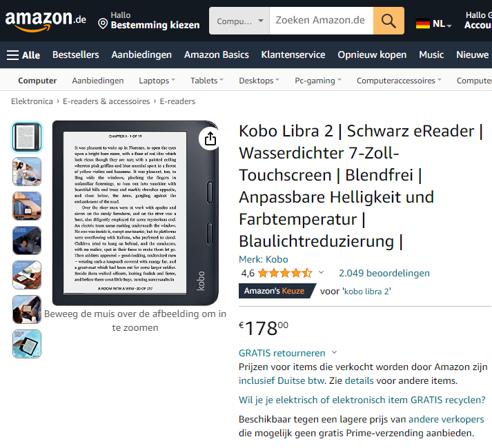 Kobo Libra 2 goedkoopste / laagste prijs Amazon.de